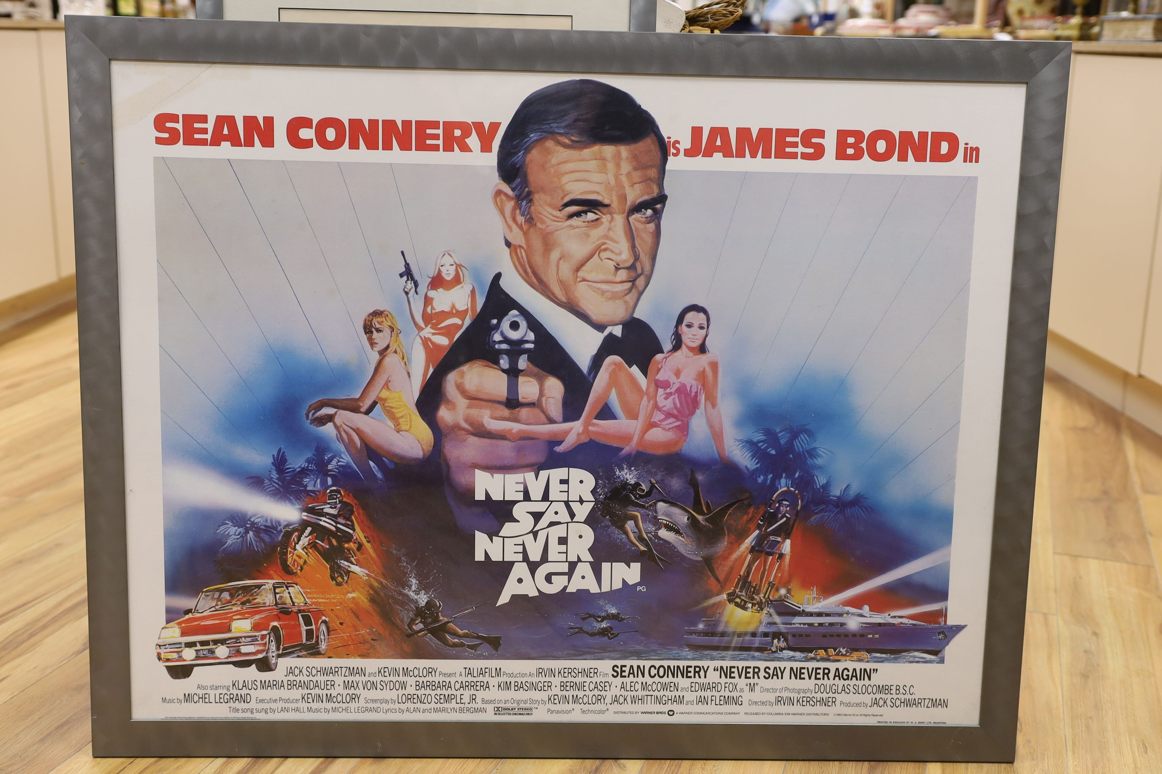 James Bond. Three assorted film posters: Never Say Never Again, 75 x 100cm; Moonraker, 55 x 70cm and The Spy Who Loved Me, 75 x 33cm
